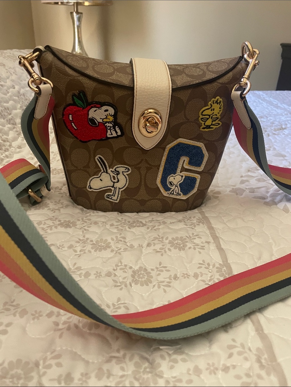 Coach Brown Signature Crossbody with Rainbow Stripe Strap and Peanuts Patches